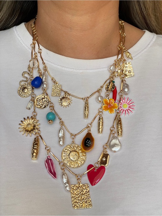 Zara Jewelry - Zara Gold Multi-Charm Layered Necklace with Red, Blue and Pink Accents